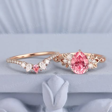 Unique Peach Pink Sapphire Engagement Ring Set Vintage Pear Wedding Rings for Women Gold Art Deco Moissanite Leaf Rings Handmade Gift Custom - Etsy Unique Engagement Rings Non Traditional Rose Gold, Unique Engagement Rings Pink, Pink Gem Engagement Ring, Pink Sapphire Wedding Ring, Pink Opal Engagement Ring, Engagement Rings Pink Sapphire, Pink Sapphire Engagement Rings, Wedding Rings Pink, Pink Rings Engagement