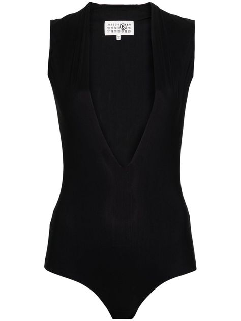 black stretch-jersey signature single-stitch logo plunging V-neck concealed front press-stud fastening sleeveless high cut unlined Just a reminder that this piece must be tried on over your own garments. Black Mesh Bodysuit, Tank Top Bodysuit, Plunge Bodysuit, V Neck Bodysuit, Bodysuit Black, City Dress, Mesh Bodysuit, V Neck Tank Top, Outerwear Vest