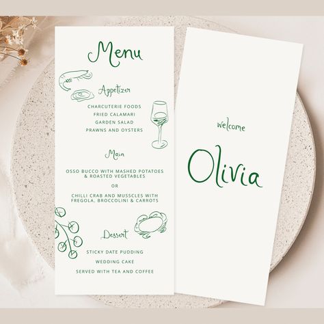 Menu and Name Card Place card Wedding Template, Hand drawn line art illustrated wedding party food menu, Whimsical wedding menu bow scribble Minimalist Wedding Menu Template, Modern Script Wedding Dinner Menu, Printable, Digital Download, Reception Dinner Menu Editable This is a INSTANT DOWNLOAD Do it your self template. You will receive an email with a link to your template - this is automatically sent and may take a few minutes to process. Follow the link to the template, edit online in Corjl Simple Name Place Cards Wedding, Minimalist Menu Wedding, Wedding Menu Italian, Wedding Menu On Table, Wedding Stationery Menu, Menu For Wedding Reception, Dinner Party Menu Card, Wedding Menu Place Setting, Wedding Menu And Name Cards