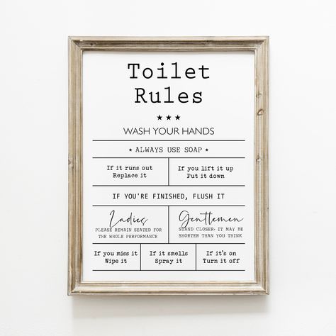 Toilet Rules Printable, Toilet Quotes, Bathroom Decor Toilet, Toilet Wall Art, Fun Bathroom Decor, House Rules Sign, Toilet Rules, Fun Bathroom, Retro Bathroom