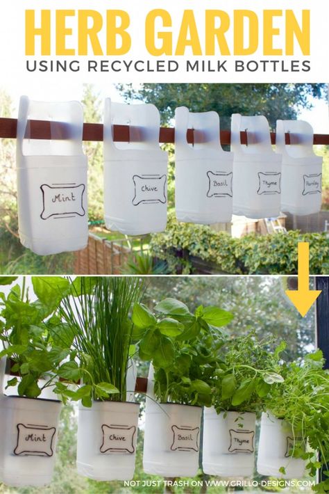 DIY Herb Garden - You might want to save your leftover plastic bottles when you see this awesome kitchen idea! Herbs In Containers, Farming Tips, Vertical Herb Gardens, Kebun Herbal, Plastic Milk Bottles, Taman Diy, Grow Herbs, Diy Herb Garden, Vertical Vegetable Garden