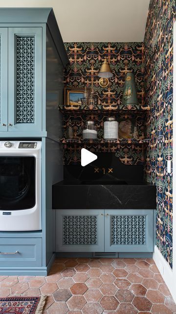 Maven Design Co. on Instagram: "We wouldn’t mind doing laundry here. Still obsessed with the details on the cabinets and the wallpaper here.   Builder: @buildwithdavies  Principle Designer: @jbdesignatelier  Assistant Designer: @designwithmaven  Featured in: Maple Lakes @uvparade 2022  #designwithmaven #laundryroom #craftroom #wallpaper #moodymonday #moodygrams #housetour #interiordesign #interiordesigner" Wallpaper In Laundry, Wallpaper In Laundry Room, Laundry Wallpaper, Blue Laundry Room, Mudroom Inspiration, Doing Laundry, The Wallpaper, House Tours, Laundry Room