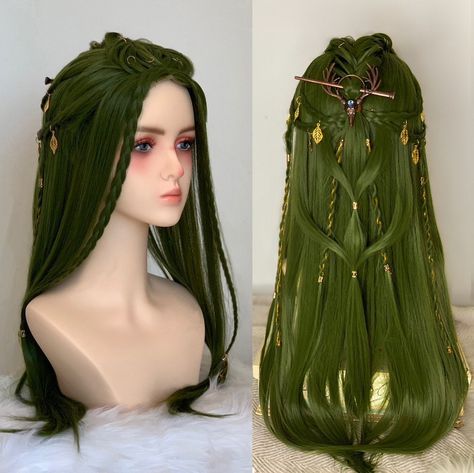 MADE TO ORDER Production time 45-60 days! lacefront middle part only Excellent wig for anything fantasy related! Made from high quality synthetic fibers Hair length is around 24 inch Golden beads Wig Comb and Wig caps included 100% hair density SIZE Average cap size 21-23" GENERAL INFORMATION. PLEASE READ. Please take into consideration that these wigs are made to order, and may vary slightly from the photos displayed. Item process updates are not offered for listed wigs. Custom orders updates w Fairy Wigs Hair, Viking Hair Wig, Hair With Crystals In It, Fairy Princess Hair, Copper And Green Hair, Druid Hairstyles, Green Hair Tips, Long Fairy Hair, Warrior Hairstyles Woman