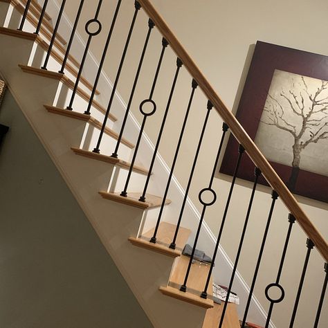 Stairs With Black Spindles, Stair Baluster Ideas, Baluster Ideas, Spindles For Stairs, Staircase Update, Metal Stair Spindles, Railing Makeover, Cable Stair Railing, Iron Staircase Railing