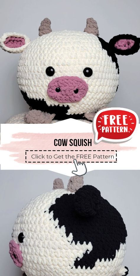 Cow Squish Crochet, Crochet Stuffed Rabbit, Squishmellow Crochet Pattern Free, Crochet Stuffed Cow Free Pattern, Free Chunky Amigurumi Patterns, Chunky Crochet Cow Pattern Free, Crochet Cow Pillow Free Pattern, Crochet Cow Free Pattern Amigurumi, Easy Crochet Stuffed Animal Pattern Free