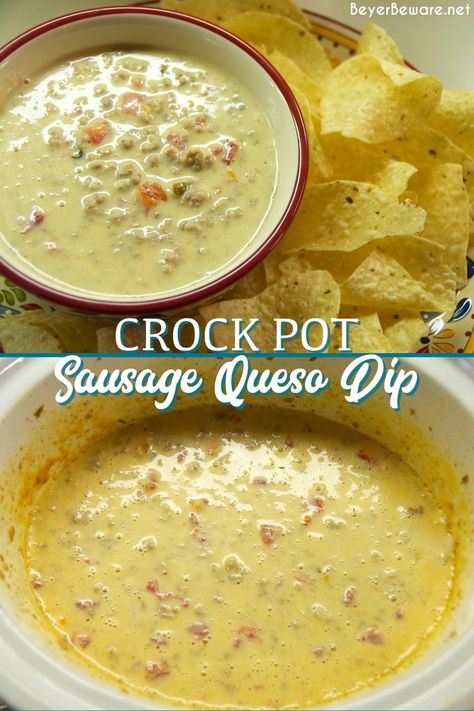 Crock Pot Sausage Queso dip easy 3-ingredient cheesy sausage Rotel Velveeta dip that you can have ready in two hours in the crockpot. Rotel Velveeta Dip, Rotel Dip Crockpot, Sausage Rotel Dip, Cheese Dip Recipes Crockpot, Queso Dip Easy, Velveeta Dip, Sausage Queso Dip, Queso Dip Velveeta, Queso Dip Crockpot