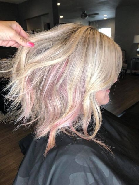 Light Pink On Blonde Hair, Blonde Hair With Rose Gold Peekaboo, Pops Of Pink In Blonde Hair, Multi Blonde Hair, Platinum Blonde With Rose Gold, Blonde Bob With Pink Highlights, Blonde Bob With Pink Peekaboo, Blonde With Subtle Pink, Pink Blonde Hair Highlights