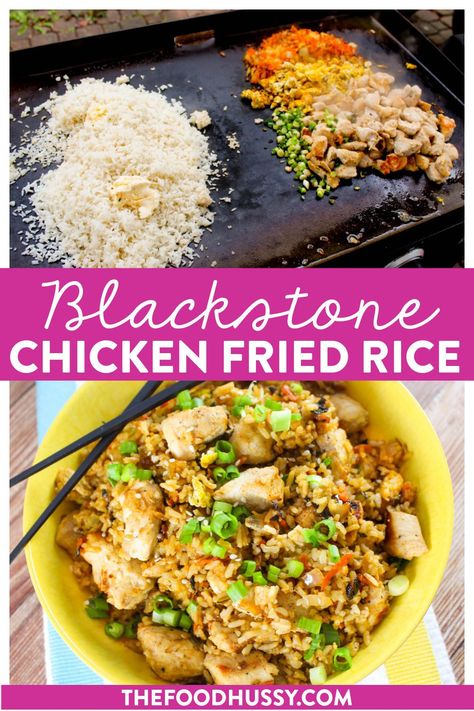 Chicken Fried Rice on the Blackstone is a complete meal that is ready in under 30 minutes from start to finish! Sautéed carrots & onions, juicy chicken and crispy fried rice in a delicious stir fry sauce make your back yard just like one of your favorite hibachi restaurants! Fried Rice On The Blackstone, Rice On The Blackstone, Crispy Fried Rice, Sautéed Carrots, Blackstone Recipe, Blackstone Chicken, Hibachi Restaurant, Chicken Fried Steak Recipe, Blackstone Recipes