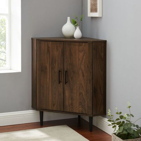 Walker Edison Furniture Co. Nora Dark Walnut Double Door Corner Cabinet AF30NORCRNDW | Bellacor Walker Edison Furniture, Corner Storage, Cabinet Dimensions, Walker Edison, Corner Cabinet, Kitchen Wallpaper, Adjustable Shelf, Accent Cabinet, Dark Walnut