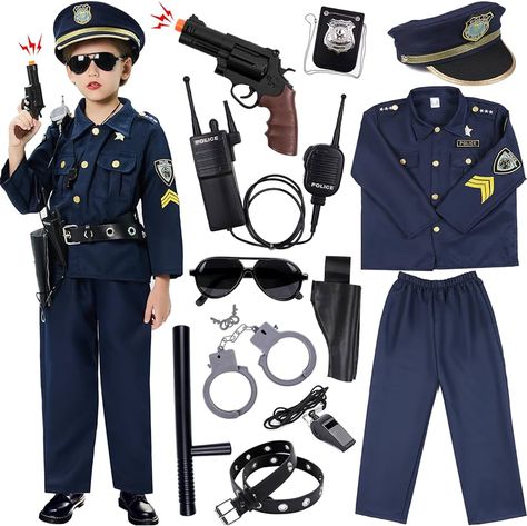 Amazon.com: Golray Police Officer Costume for Kids Boys Girls - 12PCS Kids Police Costume Cop Uniform Outfit Role Play with Police Toys Accessories, 3 4 5 6 7 8 9 10 11 12 Year Old Kid Halloween Costume Dress up : Toys & Games Police Costume For Kids, Police Baton, Police Accessories, Police Halloween Costumes, Officer Costume, Police Toys, Police Officer Costume, Kids Police, Cop Uniform