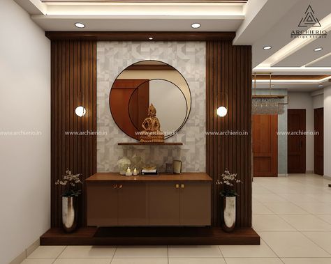 Welcome To - Archierio Buddha Altar Design Home, Entry Foyer Design, Entrance Decor Ideas, Small Freestanding Bath, Living Room Partition Wall Design, Partition Wall Design, Room Partition Wall, Partition Ideas, Buddha Home Decor