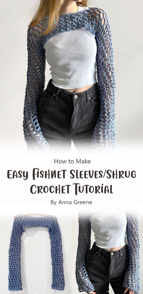 Easy fishnet sleeves/shrug by Anna Greene. This is an easy pattern to follow. If you are looking for a project that will make you feel like a fashionista, then this is the one for you! Bolero Haken, Easy Crochet Shrug, Tops A Crochet, Crochet Shrug Pattern, Crochet Mignon, Confection Au Crochet, Pull Crochet, Mode Crochet, Crochet Bolero