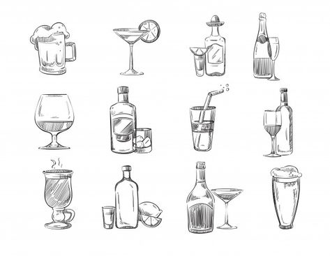 Doodle sketch cocktails and alcohol drin... | Premium Vector #Freepik #vector #background #vintage #menu #icon Watercolor Paper Texture, Retro Text, How To Age Paper, Hand Drawn Vector Illustrations, Alcohol Drinks, Distressed Texture, 1 Tattoo, Best Friend Tattoos, Grunge Textures