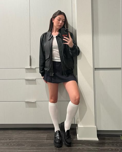 White High Socks Outfits, Loafers With Long Socks, White Knee High Socks Outfit Mini Skirts, High Black Socks Outfit, Knee Socks Outfits Grunge, Skirt And Long Socks Outfit, Black Knee Socks Outfit, Skirt With Long Socks, White Knee Socks Outfit