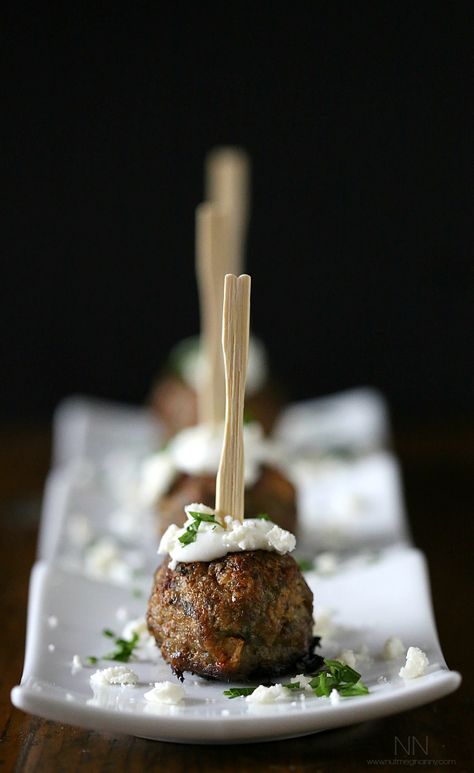 Greek Lamb Meatballs.  My hubby doesn't like meatballs, but that's OK - that means more for me :)! Greek Lamb Meatballs, Holiday Bites, Lamb Meatballs Greek, Pasti Fit, Greek Lamb, Easter Appetizers, Lamb Meatballs, White Plate, Lamb Recipes