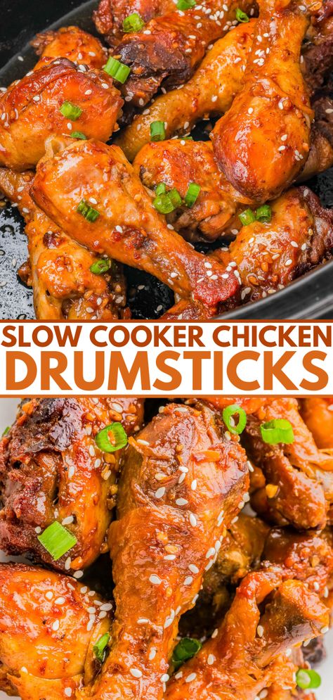 Slow Cooker Chicken Drumsticks - 🍗🍯🧄 These honey garlic chicken drumsticks marinate in a mixture of soy sauce, honey, garlic, ginger, and more which gives them a balance of sweet, savory, and lightly smoky FLAVOR! After slow cooking for hours, the meat is fall-off-the-bone tender and juicy! The EASIEST way to make chicken drumsticks because your slow cooker does all the work and everyone adores the result! Chicken Drumsticks In The Crockpot, Honey Garlic Chicken Drumsticks, Slow Cooker Chicken Drumsticks, Garlic Chicken Drumsticks, Crock Pot Drumsticks, Chicken Appetizers Easy, Chicken Appetizer Recipes, Easy Slow Cooker Chicken, Chicken Drumstick Recipes