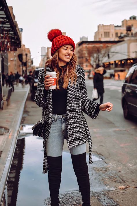 Black sweater with a red beanie, patterned coat and thigh high boots. Visit Daily Dress Me at dailydressme.com for more inspiration                  women's fashion 2018, fall fashion, casual outfits, winter fashion, school outfits, women's blouses, sweaters, jackets, coats, hats, over the knee boots Holding A Cup Of Coffee, Daily Dress Me, Winter Mode Outfits, Fall Fashion Coats, Style Casual Chic, Stylish Winter Outfits, Mode Jeans, Winter Stil, Cute Winter Outfits