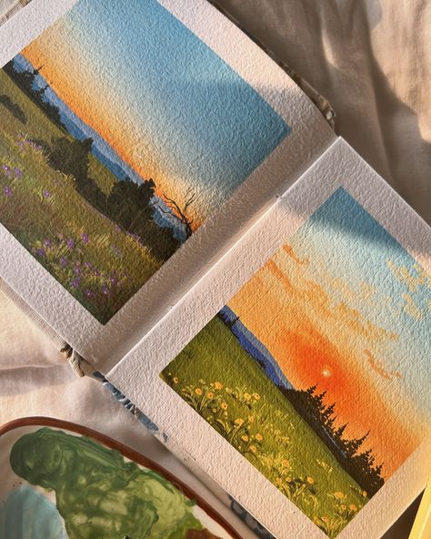 Chasing golden horizons ❤️‍🩹🌻 Used @miyahimi.india gouache paints from @thoovi.arts Worked on @creatingfromtheheartstore sketchbook ( gouache art, easy art, sunset painting, sunset aesthetics, sunset art, easy gouache art, easy painting, gouache artwork, gouache illustration ) Tags 🏷️ #gouachepainting #gouachepaint #gouacheillustration #gouachelandscape #gouacheartist #easyartwork #easyart #gouacheartist Gouache Art Easy, Gouache Sunset, Art Easy Painting, Easy Gouache, Gouache Illustration, Arte Aesthetic, Gouache Paints, Painting Sunset, Painting Gouache