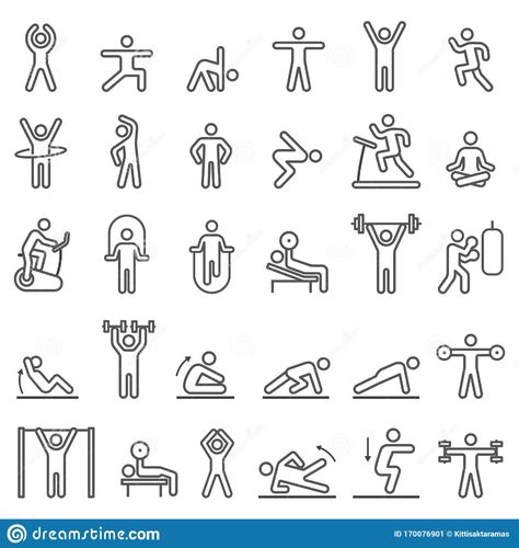 Fitness Exercise Workout Line Icons Set. Vector Illustrations Stock Vector - Illustration of dumbbell, person: 170076901 Cool Small Tattoos, Workout Playlist, Sport Icon, Street Workout, Bodyweight Workout Beginner, Sketches Easy, Icon Set Vector, Bullet Journal Ideas Pages, Vector Illustrations