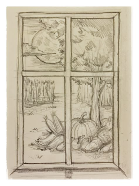 View Through Window Drawing, Fall Sketching Ideas, View Outside Window Drawing, Window In Sketchbook, Fall Drawings Sketches, View Out Of Window Drawing, Drawing Of Outside, Drawing Ideas Fall Aesthetic, Autumn Pencil Sketch