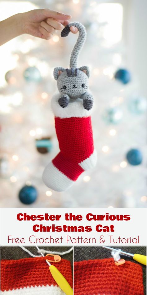 Chester the Curious Christmas Cat [Free Crochet Pattern] Christmas Cat Ornaments, Cat Free Crochet Pattern, Xmas Crochet, Kat Haken, Crochet Christmas Ornaments Free, Mini Christmas Ornaments, Crochet Ornament Patterns, Christmas Crochet Patterns Free, Crocheted Christmas