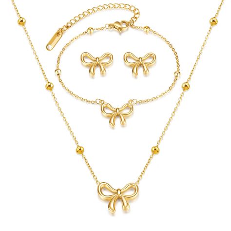 Cute Jewelry Set, Matching Necklace And Earrings, Gold Earrings And Necklace Set, Gold Girly Jewelry, Cute Jewelry Necklaces Gold, Gold Accessories Women, Gold Bow Jewelry, Gold Hoco Jewelry, Aesthetic Jewelry Necklaces