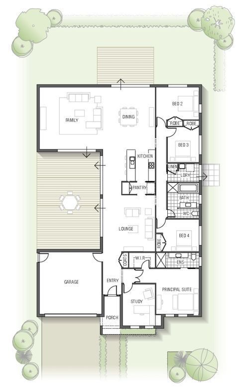 U Shaped House Plans, U Shaped Houses, Pelan Rumah, Simple Plan, Home Design Floor Plans, Casa Patio, House Layout Plans, Hus Inspiration, Courtyard House