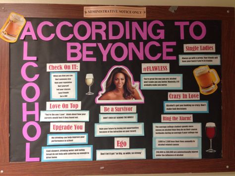 Alcohol According to Beyonce RA Bulletin Board, this is a recreation of a Board that I saw on  http://www.residentassistant.com/ra/keep-calm-and-be-yonce/ Beyonce Bulletin Board, Alcohol Bulletin Board, Fundraiser Ideas School, Resident Assistant Programs, Res Life Bulletin Boards, Resident Assistant Bulletin Boards, Beyonce Single Ladies, College Bulletin Boards, Ra Themes