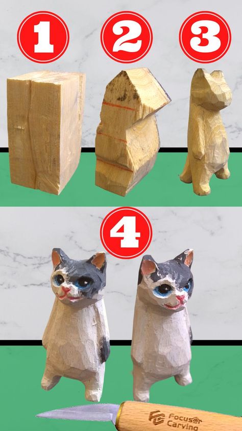 Woodworking Cat Projects, Carve Wood For Beginners, Wood Whittling Animals, Cat Whittling Patterns, Cat Wood Carving Patterns, Stick Carving Ideas Easy, Easy Woodcarving Projects, Cat Carving Wood, Easy Wood Sculpture