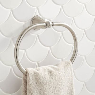 The Cooper Towel Ring features a wide, oval shape to holder larger hand towels. Displaying clean lines and subtle curves, this towel ring fits well into any bathroom design. Multiple finish options are available to match other bathroom fixtures. This product pairs perfectly with all other bathroom products in the Cooper collection. Finish: Brushed Nickel | Signature Hardware Cooper Towel Ring Metal in Gray, Size 7.5 H x 9.625 W x 2.75 D in | Wayfair 433259 Shower Makeover, Bathroom Towel Holder, Brass Shower Head, Chrome Brass, Lighted Medicine Cabinet, Hand Towel Holder, Single Pendant Lighting, Towel Ring, Hanging Towels