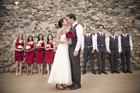 Grey Bridal Party, Red Grey Wedding, Grey Wedding, Bridal Party Photos, Gray Weddings, Burgundy Wedding, Red Wedding, Party Photos, Blue Wedding