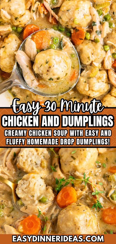 This easy chicken and dumplings recipe is creamy and comforting, made with rotisserie chicken and fluffy drop dumplings in 30 minutes! It's the ultimate comfort food dinner recipe that's quick and easy to make! Chicken And Dumplin Recipe, Easy Chicken Dumpling Recipes, Dumplin Recipe, Easy Chicken And Dumplings Recipe, Dumplings Easy, Best Chicken And Dumplings, Drop Dumplings, Easy Chicken And Dumplings, Cheesy Breakfast