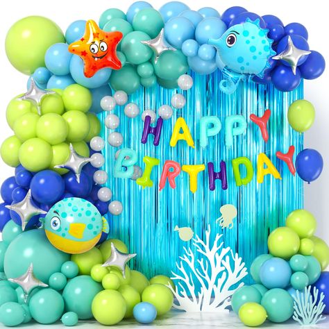 PRICES MAY VARY. PERFECT UNDER THE SEA PARTY DECORATIONS - You will get 125 latex balloons (5"+10"+12"+18", 5 colors), balloons of different sizes make your party more three-dimensional; dazzling 'HAPPY BIRTHDAY' balloons to highlight the theme; 3 vivid large size sea animal balloons (pufferfish, seahorse, starfish); 8 four-pointed stars; 2 shining blue fringe curtains. Choose our 151pcs perfect ocean themed party decorations now and make your little one's birthday a unique and unforgettable sea Ocean Theme Party Decorations, Under The Sea Party Decorations, Sea Party Decorations, Ocean Theme Decorations, Pool Beach Party, Ocean Birthday Party, Ocean Theme Party, Ocean Birthday, Shark Birthday Party