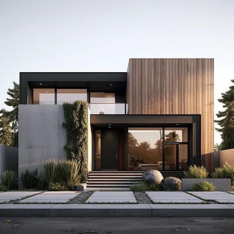 Black And Grey Modern House, Industrial Style Exterior, Modern Cozy Home Exterior, Modern Front Of House Ideas, Vertical Wood Slat Wall Exterior, Scandinavian Modern Architecture, House Outside Design Modern, 2 Story Mid Century Modern House, Ultra Modern Homes Exterior