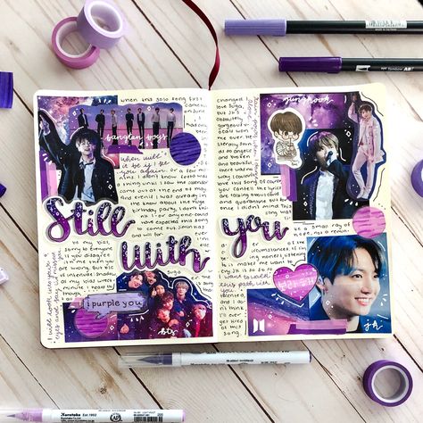 Jungkook Scrapbook, Jungkook Journal Ideas, Bts Scrapbook Ideas, Kpop Bullet Journal, Bts Journal, Bullet Journal Font, Journal Layouts, Music Journal, Bullet Journal Cover Ideas