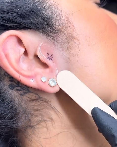 Delicate ear tattoos | ear | These tragus and ear tattoos are so unique! 👂 | By LADbible Womans Ear Tattoos, Tiny Ear Tattoo Tragus, Delicate Ear Tattoos For Women, Face Tattoo By Ear Women, Ear Tragus Tattoo, Ladies Ear Tattoo, Fine Line Ear Tattoos For Women, Behind The Ear Tattoo Stars, Minimalistic Ear Tattoo