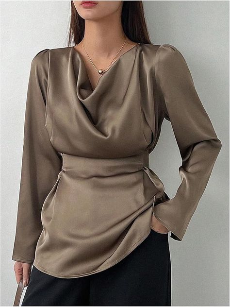 OYOANGLE Women's Satin Cowl Neck Draped Blouse Puff Long Sleeve Tie Waist Elegant Dressy Shirt Tops School Look, Dressy Shirts, Draped Blouse, Wedding 2024, Puff Long Sleeves, School Looks, Cowl Neck, Random Stuff, Puff Sleeve