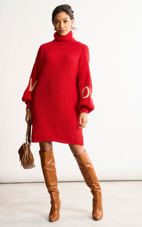 Wear this stunning red roll neck chunky knit love jumper dress to look stylish and classy. With its high neckline, it will make you look opulent. The stylish fit will make you stand out in any crowd. Winter, Christmas Day, knitted/wool, Brunch, Going Out, Basic, Slogan, Long Sleeve, High Neck, A-Line, Mini Jumper Dress Outfit Winter, Jumper With Skirt, Jumper Dress Outfit, Knit Jumper Dress, Red Knit Dress, Knitted Jumper Dress, Knitted Dresses, Winter Dress Outfits, Look Stylish