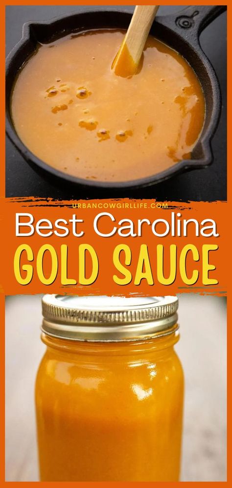 A quick and easy sauce recipe in 3 minutes! It's the Best Carolina Gold Sauce. With a mustard base, this South Carolina BBQ Sauce goes well with chicken, pork, and more. Try this homemade condiment today! Carolina Gold Bbq Sauce Recipe, South Carolina Bbq Sauce, Carolina Gold Sauce, Mustard Based Bbq Sauce, Gold Sauce, Bbq Sauce Recipes, Carolina Bbq Sauce, Mustard Bbq Sauce, Homemade Bbq Sauce Recipe