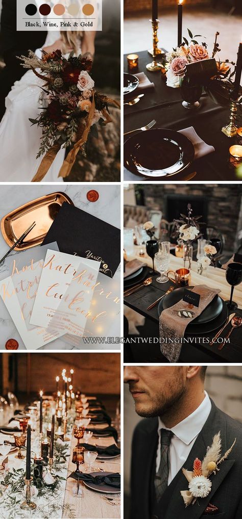 Black Rust And Gold Wedding, Black Copper White Wedding, Edgy Elegant Wedding, Black Copper Cream Wedding, Modern Fairytale Wedding Theme, Cinnamon And Black Wedding, Brown And Black Wedding Colors, Black Copper Wedding Color Palettes, Modern Black And Copper Wedding