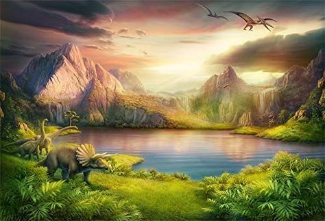 Dinosaur Photography, Birthday Party Backdrop, Scene Background, Planets Wallpaper, Landscape Background, Dino Party, Tree Photography, Lake Landscape, Party Backdrop