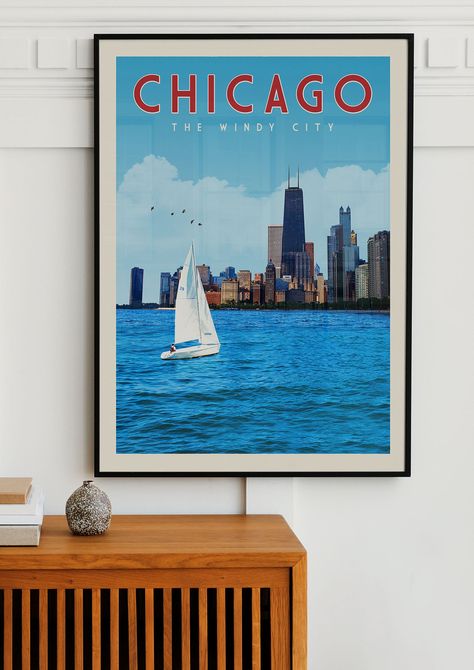 This stylish vintage travel poster is one of a kind. Perfect for the mid-century modern home, this piece of art will make you want to pack your bags and explore the world.Whether buying this print for yourself or giving as a gift to your favorite traveler, it would also look great in an office, dorm room, or anywhere else where there's a need for adventure! Chicago Vintage, Chicago Wall Art, Chicago Poster, Chicago Apartment, Wall Art Travel, Apartment Art, Poster Shop, Vintage Travel Poster, National Park Posters