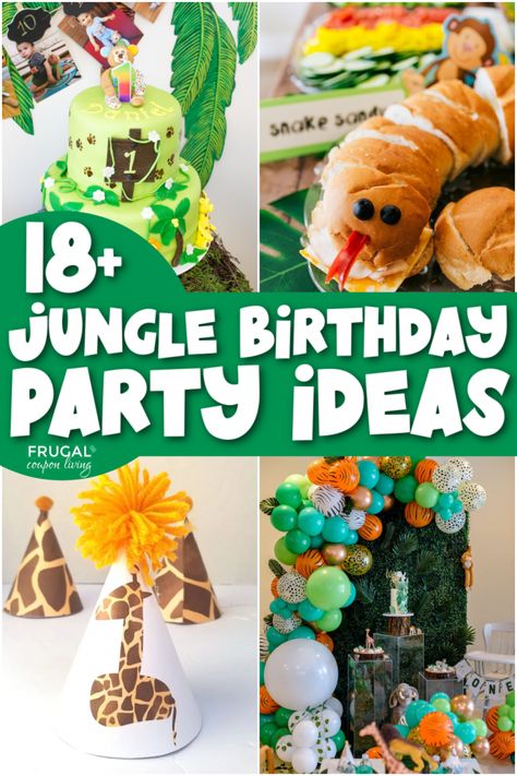 Rainforest Theme Birthday Party, Jungle Party Foods, Two The Jungle Party, Jungle Party Theme Decorations, Jungle Party Food Ideas, Jungle Theme Party Ideas, Jungle Party Games, Rainforest Birthday Party, Toddler Birthday Party Games