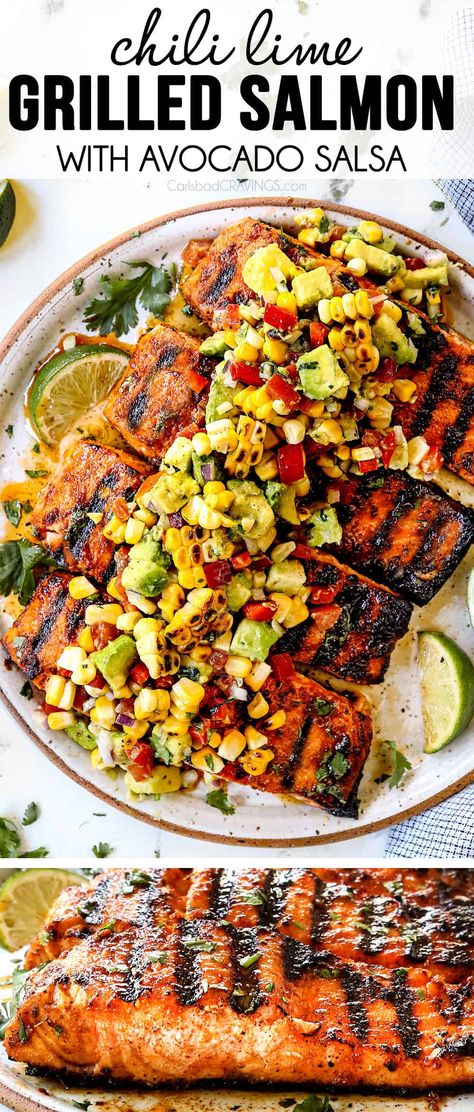 Grilled Salmon Dinner, Salmon Salsa, How To Grill Salmon, Chili Lime Salmon, Avocado Corn Salsa, Fillet Recipes, Grill Salmon, Salmon With Avocado, Salmon With Avocado Salsa