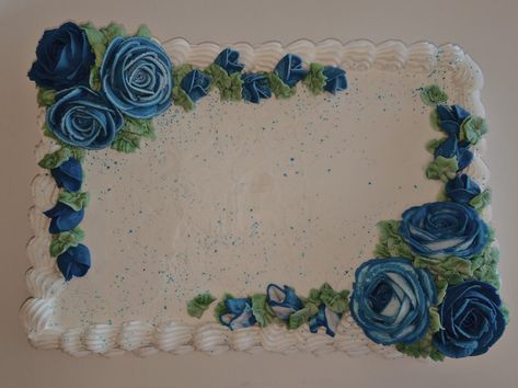 White Square cake with white buttercream frosting and a white shell  boarder.  With dark blue and white/blue roses in two corners and sage green roses Blue And White Sheet Cake, Engagement Sheet Cake, Quarter Sheet Cake Decoration, Winter Sheet Cake, Elegant Sheet Cake, Sheet Cake With Flowers, Blue Sheet Cake, Sheet Cake Decorating Ideas Birthday, Flower Sheet Cake