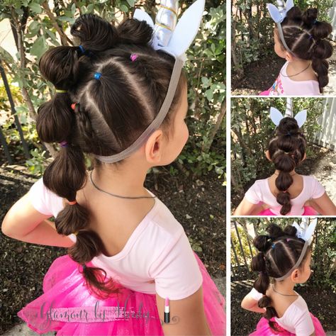 Unicorn Hairdo for a unicorn-themed birthday party. Hair by GlamourbyHeidy Parade Hairstyles Simple, Toddler Unicorn Hair, Kids Unicorn Hair, Unicorn Hairstyle For Kids, Rockstar Hair For Kids, Toddler Birthday Hairstyles, Unicorn Crazy Hair Day, Unicorn Braids, Unicorn Ponytail