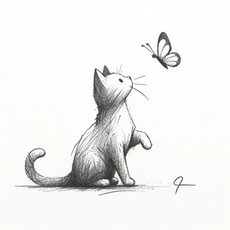 Cat And Butterfly Sketch, Butterfly Cat Drawing, Cat With Butterfly Drawing, Cat Drawing From Behind, Cat Butterfly Drawing, Cat And Butterfly Drawing, Kittens Drawing, Pisces Cat, Cute Bird Drawing