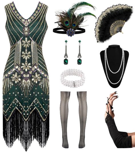 PRICES MAY VARY. Dress 20s Women's Set Packaging: 1 x sequin dress, 1 x lace fan, 1 x feather headband, 1 x long satin glove, 1 x pearl chain, 1 earring, 1 pearl bracelet, 1 x fishnet socks. The beautiful and exquisite decorations also contain popular elements of the time, such as tassels and beads, making these dresses of high quality and essential clothing for the roaring 1920s. Retro accessories of the 1920s women: Eye-catching lace folding fan add the finishing touch to your party decoration 1920s Themed Outfit, Mafia Costume, Tassel Dresses, 20s Accessories, Feather Accessories, Roaring 1920s, Set Packaging, 20s Dresses, 1920s Women