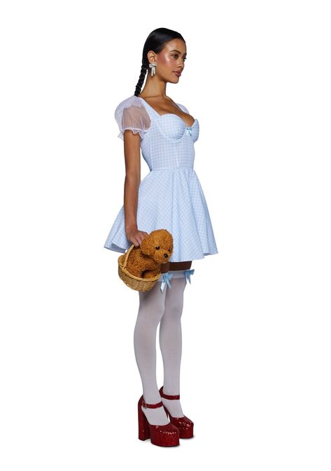 cuz there's no place like home! This costume set has a stretchy satin construction, a gingham print all over, short sheer organza puff sleeves, underwire bust cups, a tulle petticoat, and a back zip closure. Includes a mini dress, a woven basket, a plush dog, bow hair clips, and thigh-high stockings. Halloween Costumes Cute Women, Dorthy Costume Ideas, Dorothy Aesthetic, Wendy Darling Costume, Girls Dorothy Costume, Baby Doll Outfits, Dorthy Costume, Simple Costumes, Womans Halloween Costume