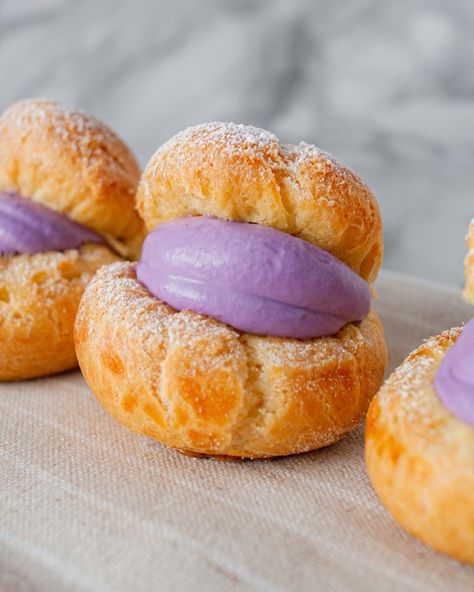 Ube Cream Puffs (Pâte à Choux Recipe) - Fork & Spoon Benefits Of Ube, Cream Puff Flavors, Ube Desserts, Choux Recipe, Jiggly Puff, Dessert Favorites, Ube Recipes, Filipino Food Dessert, Valentines Dinner